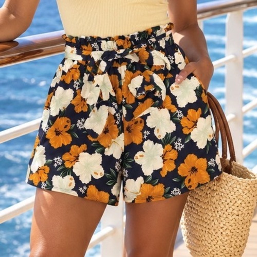 LuLaRoe Tropical Hibiscus Floral Paperbag Waist Shorts Navy Orange Medium F2